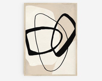 Abstract Line Wall Art Print Black Beige Modern Printable Art Watercolor Shapes Mid Century Modern Downloadable Art Large Poster Print