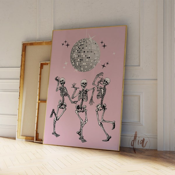 Dancing Skeletons Halloween Wall Art, Disco Ball Aesthetic Print, Pink Printable Wall Art, Trendy Poster, Funky Decor, Funny Halloween