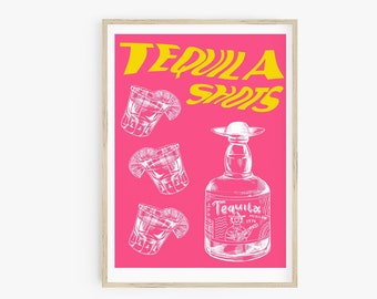 Tequila Shots Poster Print, Maximalist Decor, Hot Pink Retro Cocktail Poster, Preppy Cocktail Poster, Preppy Room Decor, Bar Cart Printable