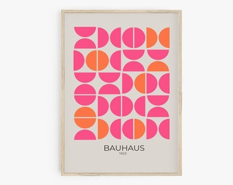 Affiche d'exposition Bauhaus, impression Bauhaus rose orange, cercles géométriques, art mural moderne et minimaliste du milieu du siècle, affiche imprimable rétro
