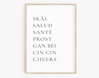 Cheers Salud Skal Prost Printable Poster, Cheers Sign, Bar Cart Print, Cocktail Print, Bar Typography, Cin Cin, Sante, Gan Bei, Bar Decor