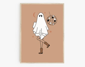 Disco Cowgirl Sheet Ghost, Halloween Printable, Cowgirl Ghost, Western Halloween Decor, Large Poster Rodeo Ghost, Line Art Print, Disco Ball
