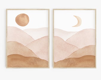 Abstract Landscape Print Set Boho Nursery Decor Sun Moon Set of 2 Prints Watercolor Landscape Earth tones Neutral Wall Art Above Crib Art