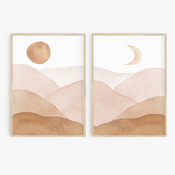 Abstract Landscape Print Set Boho Nursery Decor Sun Moon Set of 2 Prints Watercolor Landscape Earth tones Neutral Wall Art Above Crib Art