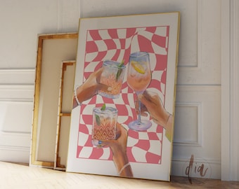 Cocktail Print, Preppy Pink Cheers Poster,  DIGITAL DOWNLOAD, Retro Bar Cart Print, Trendy Wall Art, Printable Drink Print, Dorm Room Decor