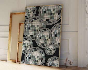 Disco Ball Print, Trendy Wall Art, Retro Prints, Downloadable Art, Apartment Aesthetic, Silver Disco Balls, Disco Party Dorm Room Decor
