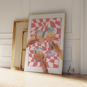 Impresión de cóctel, cartel de Preppy Pink Cheers, DESCARGA DIGITAL, Impresión de carrito de bar retro, Arte de pared de moda, Impresión de bebida imprimible, Decoración de dormitorio