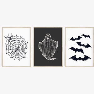 Halloween Druck 3er Set, moderne minimalistische Drucke, druckbare Wandkunst, Fledermaus Geister Kunst, Spinnennetz, Digitaldrucke, großes Poster Druck Bild 1