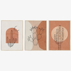 Abstract Cactus Desert Print Set of 3 Prints, Boho Decor, Desert Sun Moon Printable Wall Art, Terracotta Blush Black Art, Instant Download