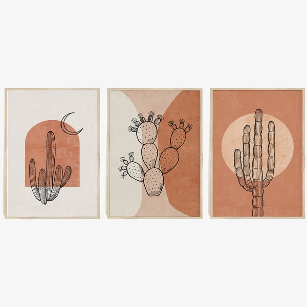 Abstract Cactus Desert Print Set of 3 Prints, Boho Decor, Desert Sun Moon Printable Wall Art, Terracotta Blush Black Art, Instant Download