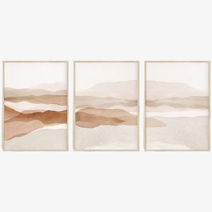 Arte de parede de 3 peças, impressões de paisagens abstratas, conjunto de pintura abstrata neutra de 3 impressões, pôster moderno e minimalista, arte de parede para impressão em terracota