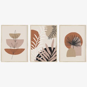 Set of 3 Abstract Botanical Prints, Boho Print Set, Boho Shapes, Boho Tropical Leaves, Modern Wall Art Gallery, Terracotta Burnt Orange Pink
