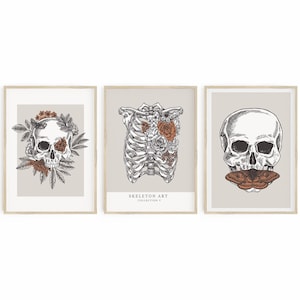 Skulls with Flowers Art Print Set of 3, Halloween Prints, Skeleton Posters, Skull Art Print, Halloween Printable, Dark Gothic Cottagecore