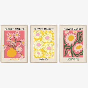 Conjunto de impresión del mercado de flores de 3, cartel del mercado de flores, decoración del dormitorio, conjunto de carteles de flores, impresiones digitales, arte amarillo rosa, decoración de la habitación de las niñas
