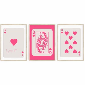 Conjunto de carteles de moda de 3, impresiones retro, arte de la pared de naipes de la reina de corazones, estética de la habitación preppy rosa fuerte, cartel de Lucky You, as de corazones