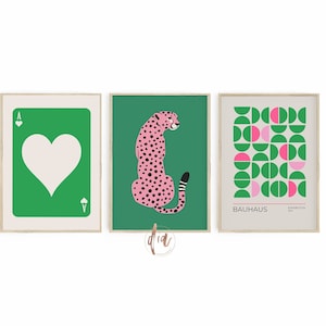 Preppy Wall Art Print Set de 3, cartel de leopardo verde rosa, arte de pared de guepardo, arte de pared de moda, decoración maximalista, impresión de exposición Bauhaus