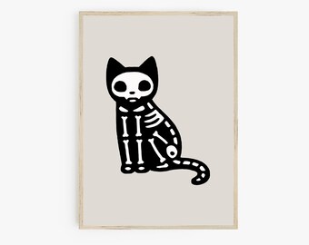 Skeleton Cat Poster Print, Black Cat Wall Art, Halloween Decor, Halloween Printable Poster, Cat Lovers Art Print, Black Cat Poster