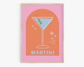 Preppy Cocktail Poster, Martini Print, Retro Cocktail Wall Art, Printable Cocktail Print, Preppy Room Decor, Maximalist Decor Bar Cart Print