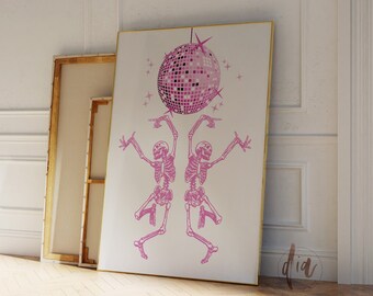 Impresión de esqueletos bailando, arte de pared de Halloween, impresión estética de bola de discoteca, Halloween femenino rosa, arte imprimible, cartel de moda, decoración divertida