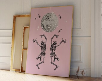 Impresión de fiesta disco de Halloween, decoración de Halloween de muy buen gusto rosa, esqueletos bailando, impresión de arte de pared de bola de discoteca, póster femenino, impresión de dormitorio de niñas