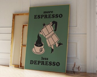 Retro Kaffee Poster, Mehr Espresso Weniger Depresso, Kaffee Zitat, DIGITALE 70er Retro Kunst, Grüne Küche Druck, Trendige Wandkunst, Retro Ästhetisch