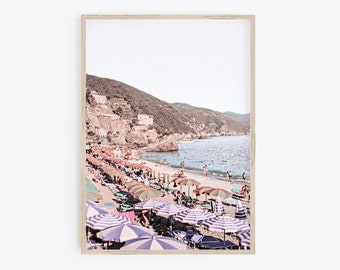 Impresión de playa de Italia, impresión de arte de pared de la Riviera italiana, impresión digital, cartel de viaje de Monterosso Cinque Terre Italia, arte imprimible de sombrillas de playa