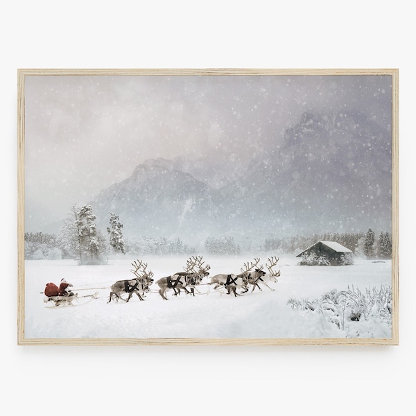 Nordic Christmas Wall Art, Christmas Printable, Large Horizontal Wall Art, Santa Sleigh Reindeer Print, Scandi Decor, Snowy Winter Landscape
