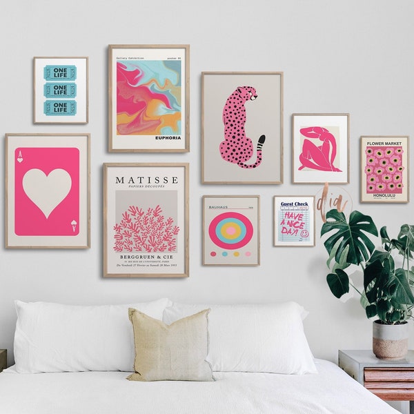 Preppy Gallery Wall Set, Trendy Wall Art Poster Set, Maximalist Decor, Pink Blue Digital Prints, Matisse Exhibition Poster, Bauhaus Poster