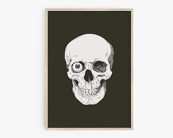 Puede incluir: Una ilustración en blanco y negro de un cráneo humano con un ojo visible. El cráneo está sobre un fondo verde oscuro.