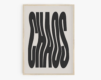 Chaos Poster, Digitaldruck, Monochrome Wandkunst, Y2K Dekor, wellenförmiger Druck, Trendige Wandkunst, Typografie Druck, Teens Room Druck Wohnheim Zimmer