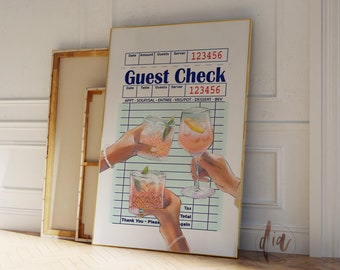 Guest Check Cocktail Print, Cheers Poster, Retro Trendy Wall Art, Preppy Room Decor, Printable Bar Cart Print, Dorm Room Digital Print