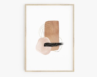 Blush Pink Terracotta Abstract Print, Modern Geometric Art Black Brushstroke Gold Wall Art Prints Watercolor Shapes Print Large Poster Print