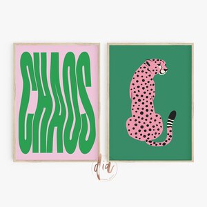 Preppy Wall Art Print Set of 2, Pink Green Leopard Poster, Chaos Poster, Cheetah Wall Art, Trendy Wall Art, Maximalist Decor Dorm Room Decor