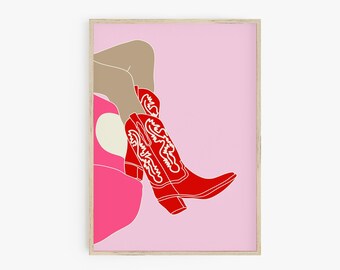 Op de afbeelding: Een digitale illustratie van een paar rode cowboylaarzen met witte stiksels op een roze achtergrond.