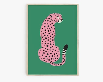 Rosa grüner Leopard Posterdruck, Gepard Wandkunst, trendige Wandkunst, adrettes Zimmer Dekor, maximalistisches Dekor, druckbare Boho Wandkunst, Boho Dekor