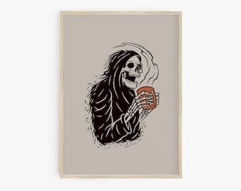May include: A black and white illustration of the Grim Reaper holding a steaming mug of coffee. The Reaper is wearing a hooded robe and has a skull face with a mischievous grin.