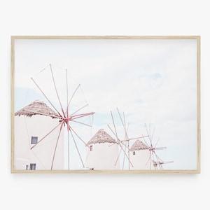 Mykonos Print, Windmühlen Wand Kunst, Griechenland druckbare Kunst, horizontaler Druck, Landschaftsfotografie, Pastell Wandkunst, Digitaldrucke
