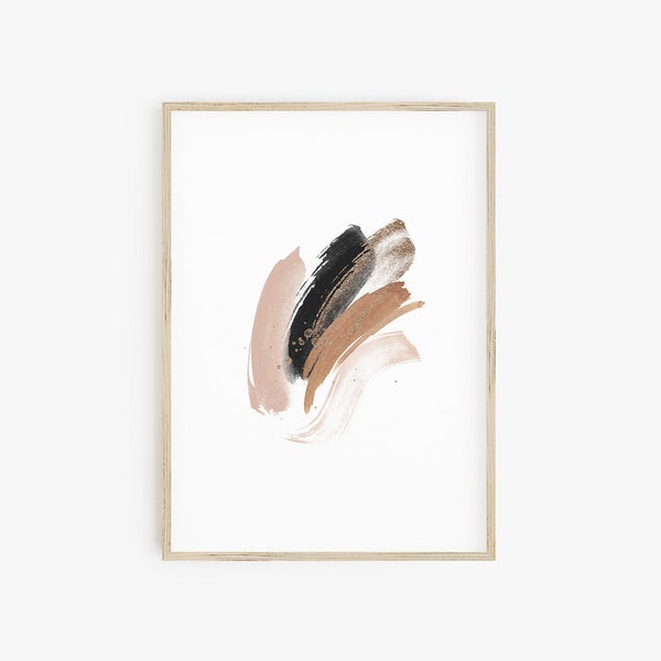 Brushstrokes Print, Watercolor Abstract Wall Art Print, Large Modern Wall Art Prints, Black Blush Gold, Downloadable Printable Wall Art