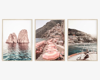 Amalfi Coast Print Set of 3, Positano Italy Wall Art Prints, Digital Printable Art, Coastal Wall Art, Capri Travel Poster, Beach Umbrellas