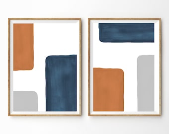 Set di 2 stampe d'arte da parete astratte Arte moderna di metà secolo Forme astratte Ruggine Blu Grigio Arte Stampabile Arte da parete Stampa ad acquerello Minimalista