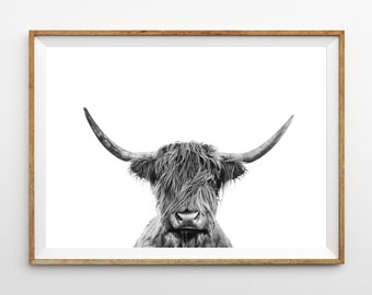 Highland Cow afdrukbare Art zwarte en witte muur kunst wordt afgedrukt Schotse Shaggy koe grote dieren Poster digitale Download moderne boerderij Decor