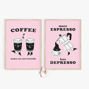 Conjunto de carteles de café retro, impresión de cocina rosa, arte de pared de moda, impresiones digitales, cita de café, arte retro de los años 70, arte imprimible, estética de carteles