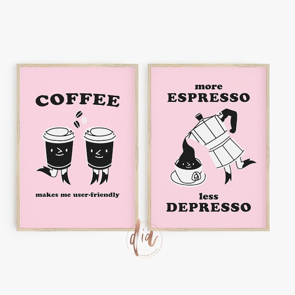 Retro Coffee Poster Set, Pink Kitchen Print, Trendy Wall Art, Digital Prints, Coffee Quote, 70s Retro Art, Printable Art, Poster Aesthetic