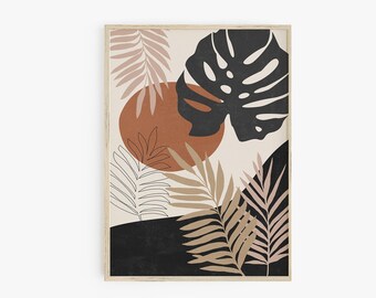 Stampa Boho, Arte della parete Monstera, Stampa botanica astratta, Arredamento Boho, Stampe digitali, Stampa poster di grandi dimensioni, Arte stampabile, Foglie tropicali