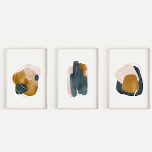 Conjunto de 3 impresiones Impresiones de arte abstracto, Arte de pared grande, Arte de pared imprimible, Impresión de acuarela Teal Blush Ocre, Conjunto de pared de galería, Póster moderno