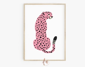 Roze Preppy Cheetah Art Print, Trendy Wall Art, Leopard Poster Print, Preppy Room Decor, Grote Dierenprint, Afdrukbare Muurkunst, Tijgerprint