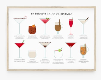 Puede incluir: Un póster imprimible con ilustraciones de 12 cócteles navideños. El póster tiene un fondo blanco con un marco de madera. Los cócteles están dispuestos en dos filas de seis. Cada cóctel tiene un nombre y una breve descripción debajo. Los nombres de los cócteles son: Candy Cane Martini, Vino caliente, Mistletoe Martini, Ron con mantequilla caliente, Poinsettia, Trineo de Santa, Martini navideño, Ponche de huevo, Martini de espresso con menta, Margarita blanca navideña, Cranberry Krinkle y  Hot Toddy.