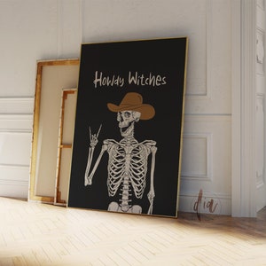 Funny Halloween Skeleton Print, Howdy Witches Printable Wall Art, Western Rodeo Aesthetic, Trendy Wall Art, Halloween Decor, Digital Prints
