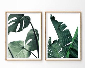Conjunto de 2 impresiones Impresión de hoja tropical Impresión de arte de pared botánica Impresiones de hoja de Monstera Impresión de hoja de plátano Decoración tropical Arte imprimible Arte verde