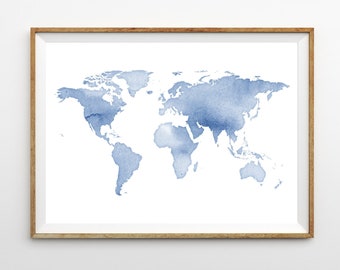 Navy Blue World Map Print Watercolor Print Printable Map Boy Nursery Print World Map Poster Office Decor Instant Download Kids Room Print